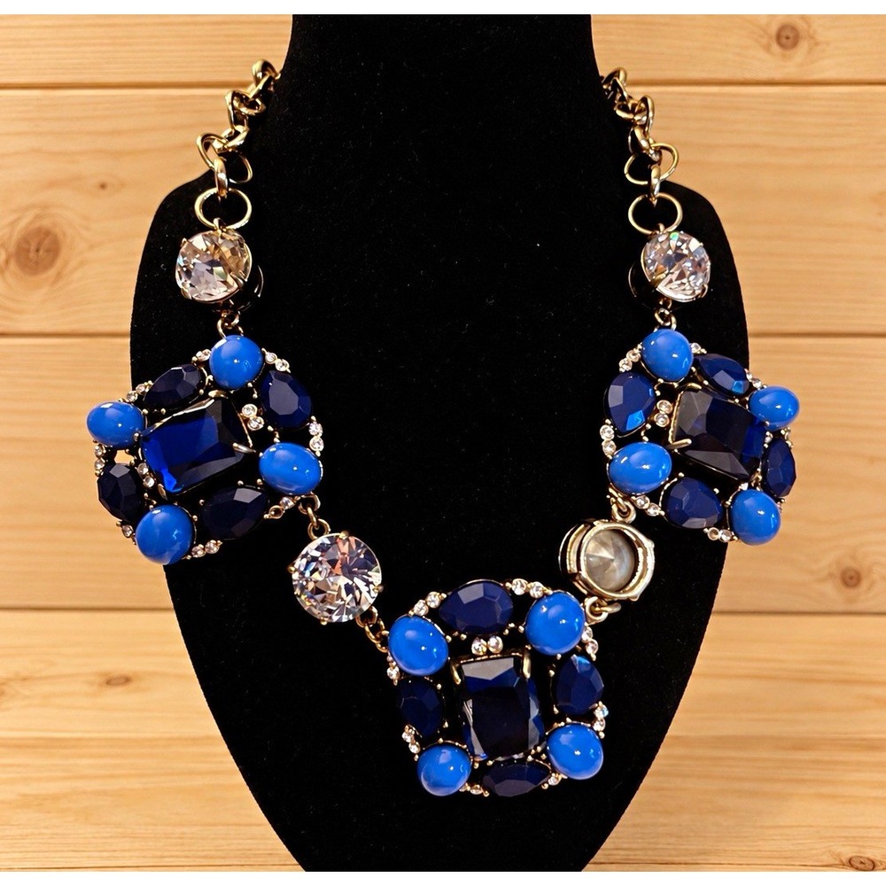 Blue Crystal Rhinestone Statement Bib Necklace Gold Tone Adjustable[JB2]